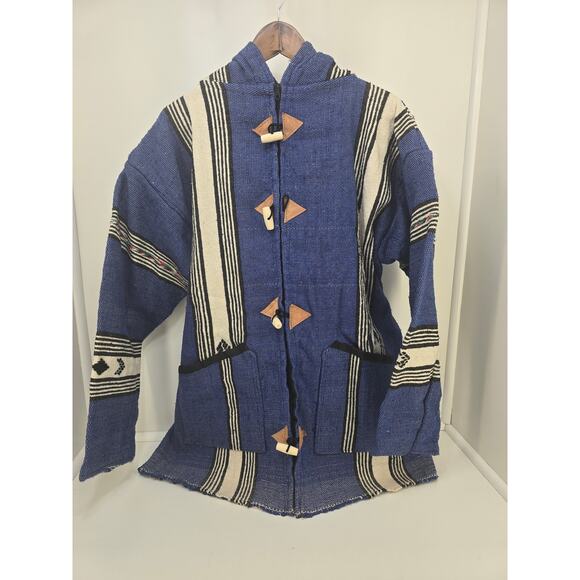 Vintage Baja Hoodie Jacket Mexican Blanket Style Blue Black White Large - Picture 1 of 4